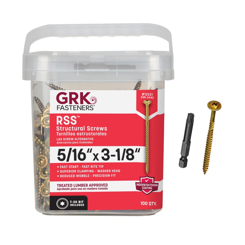 GRK Fasteners RSSâ„¢ 5/16 x 3-1/8 Inch, Structural Screws, 100 PCS, Rust Resistant Climatekâ„¢ Coating, Heavy-Duty Framing & Decking Screws, Fast Bite Tip, Star Drive Recess, T-30 Bit Included, Gold - Image 1
